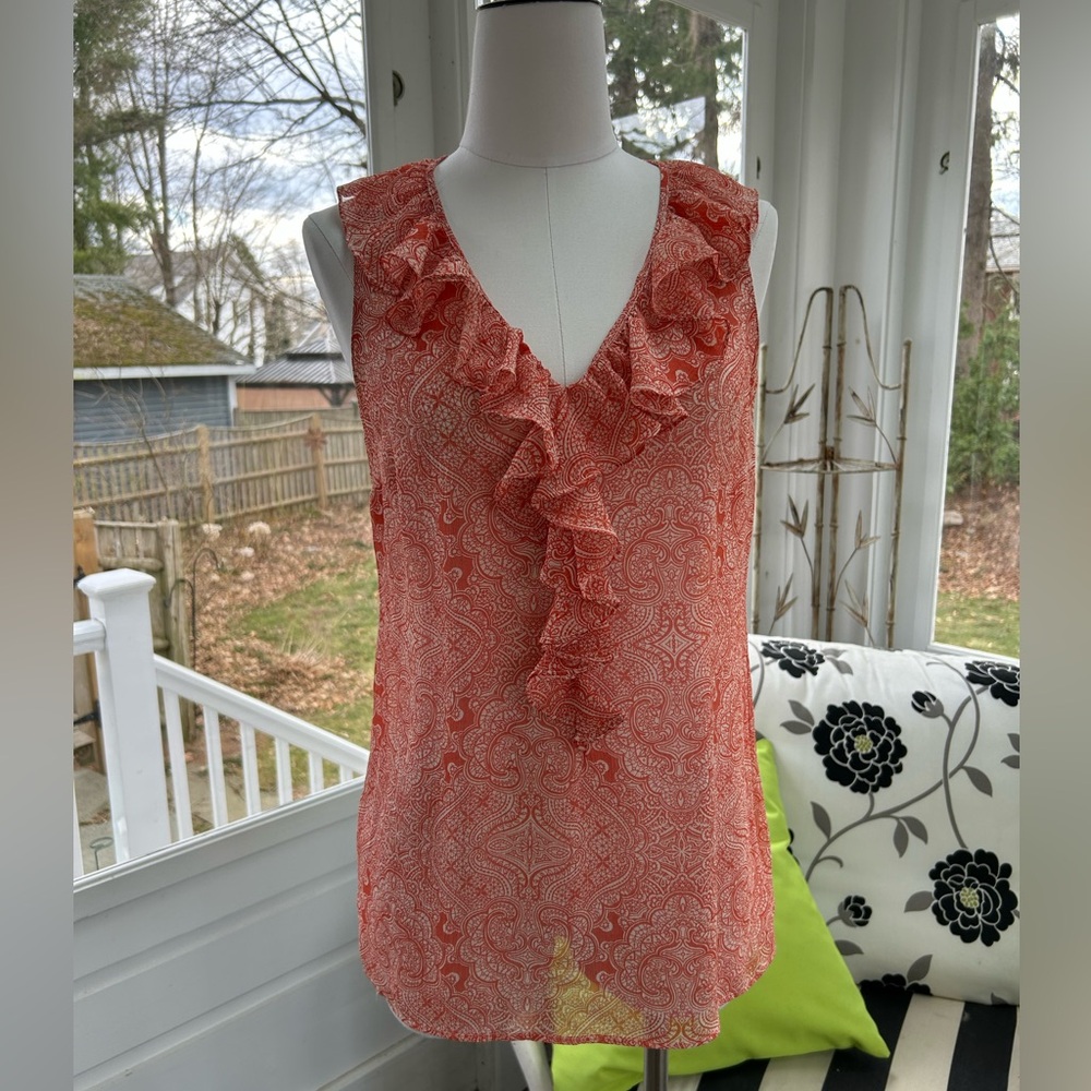 Ann Taylor Orange and Cream 100% Silk Sleeveless V Neck Ruffle Blouse